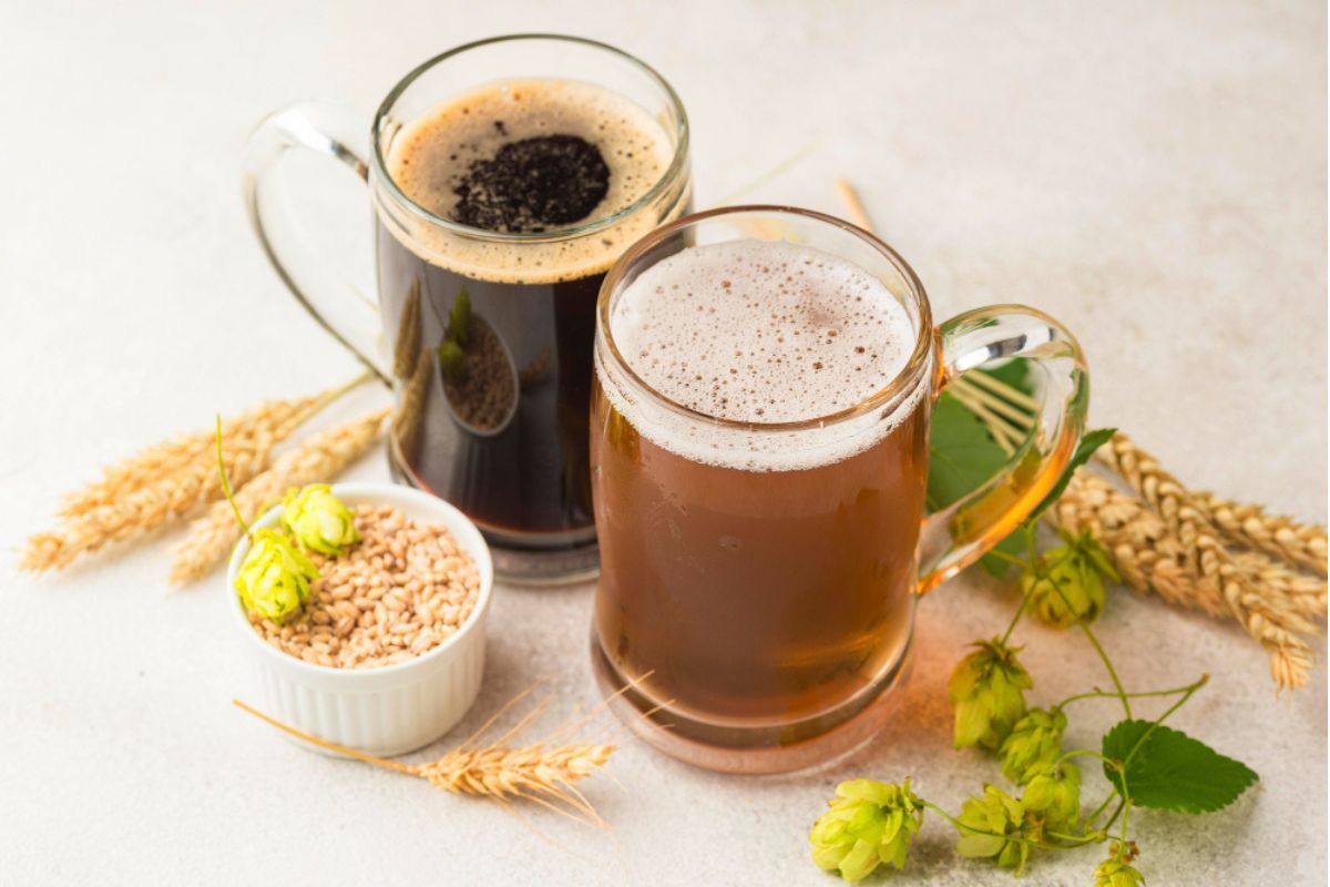 Dos jarras de cerveza de diferentes variedades sobre una mesa con lúpulos y maltas