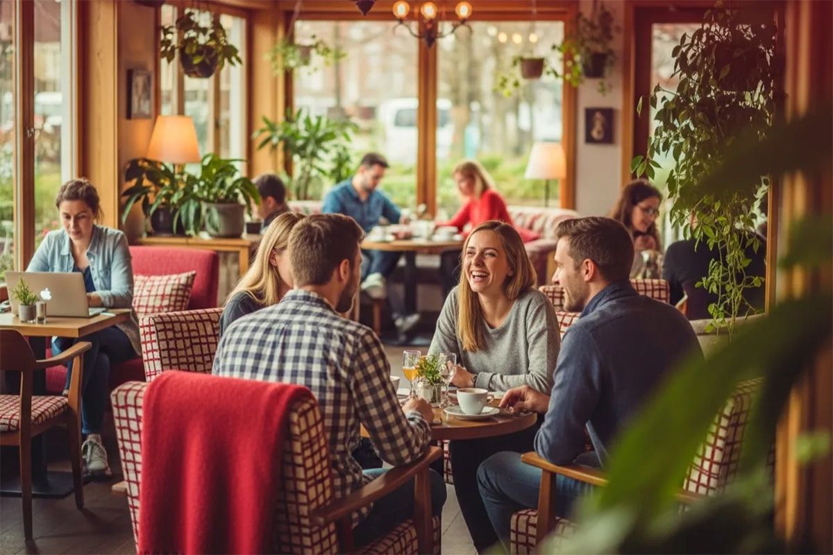 Cuatro amigos conversan en una mesa en un bar