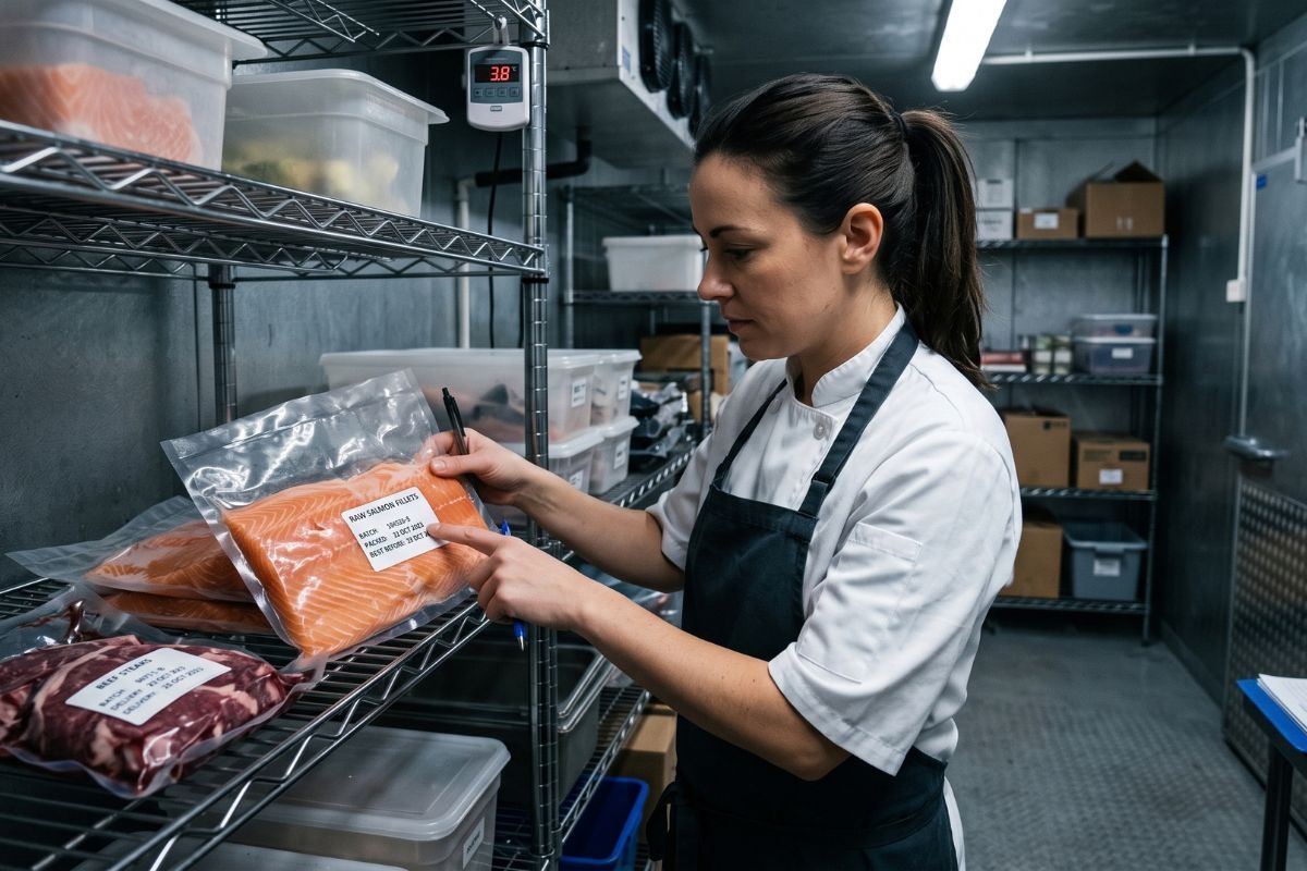 Cocinera profesional comprueba los datos de trazabilidad de un lomo de salmón