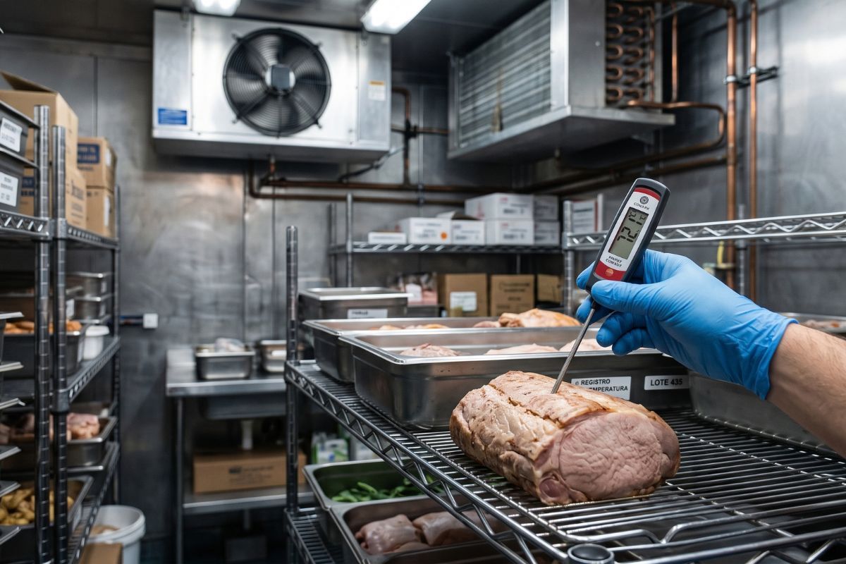 Un profesional comprueba con un termómetro la temperatura de una pieza de carne dentro de un refrigerador