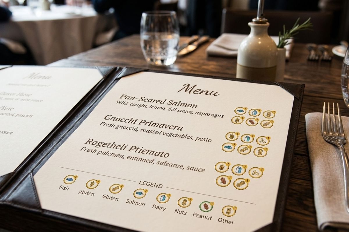 Una carta de restaurante en la que se leen varios platos y todos sus alérgenos indicados